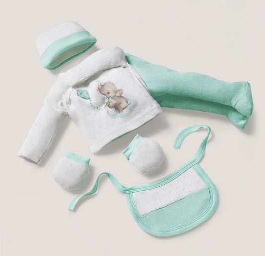 INTERBABY pamut ajándékszett: pizsama, sapka, zokni, előke, harisnyanadrág – termékfotó 2