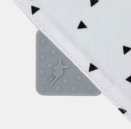 bandana bib and silicone teether in one designed for children from 0 to 12 months