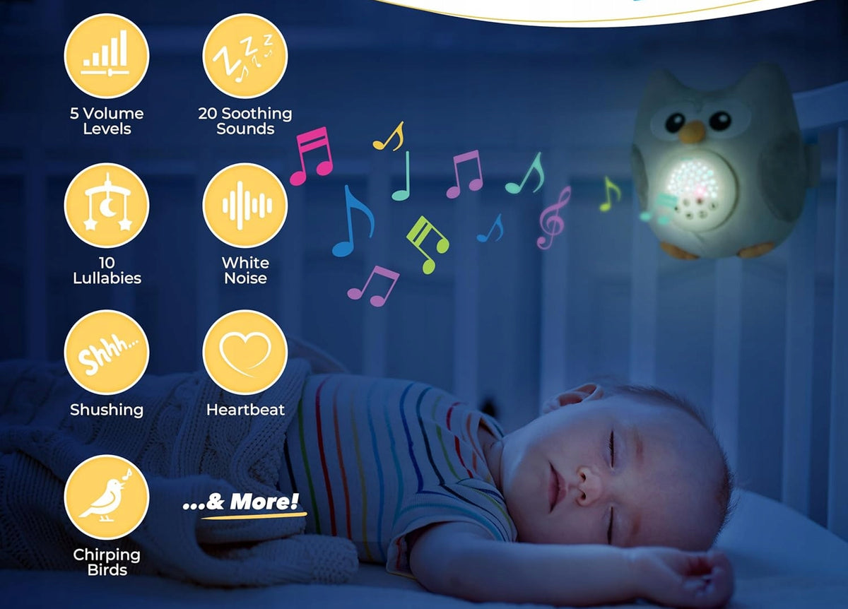 BUBZI Peluche búho, proyector de estrellas, caja de música con sensor de llanto