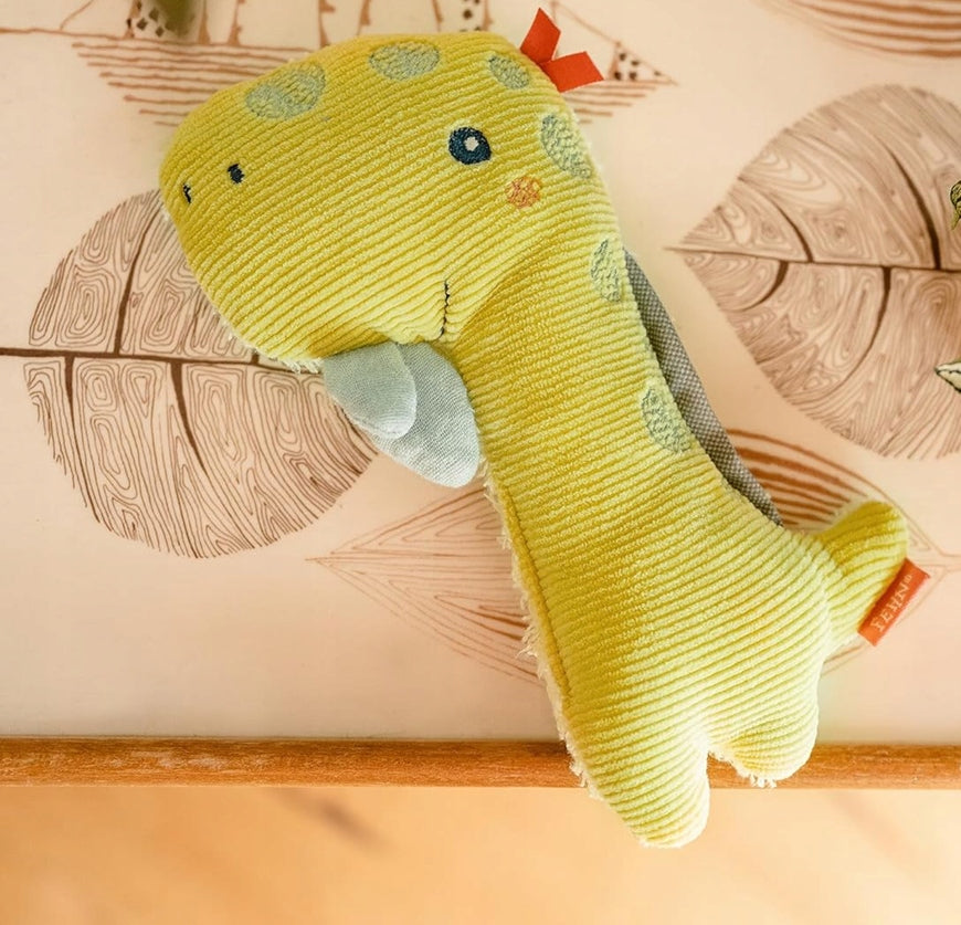 FEHN plüss ölelgetős játék csörgővel és sípolóval DINO 17,5 cm