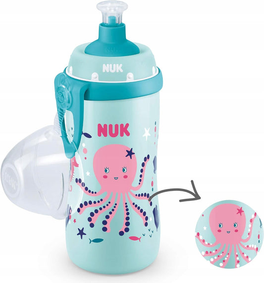 NUK Junior Cup BUTELKA 18 m+ ustnik push-pull 300 ml EFEKT KAMELEONA, niebieska z ośmiornicą