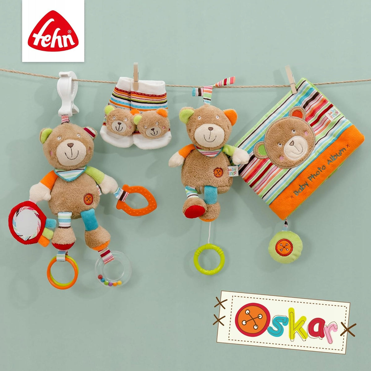 FEHN OSKAR stroller and car seat hanging toy with rattle and grabber