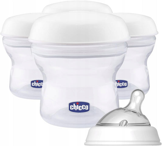 CHICCO tejtároló edények, 4 × 150 ml + cumifej kupakkal