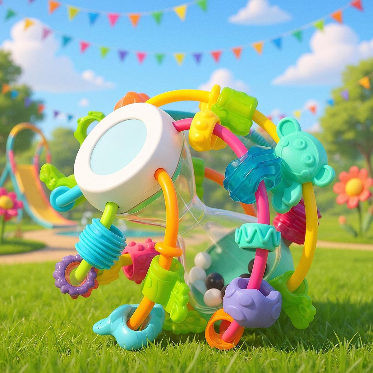 PLAYGRO Play and Learn labda rágóka, fogóka csörgővel és tükörrel, 14 cm