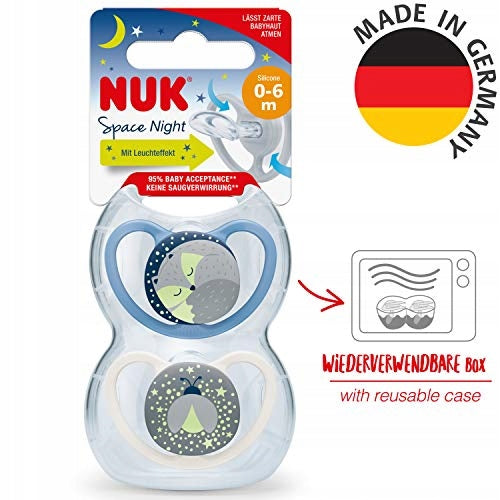 NUK Space Night πιπίλα σιλικόνης x2 0-6 μηνών +θήκη