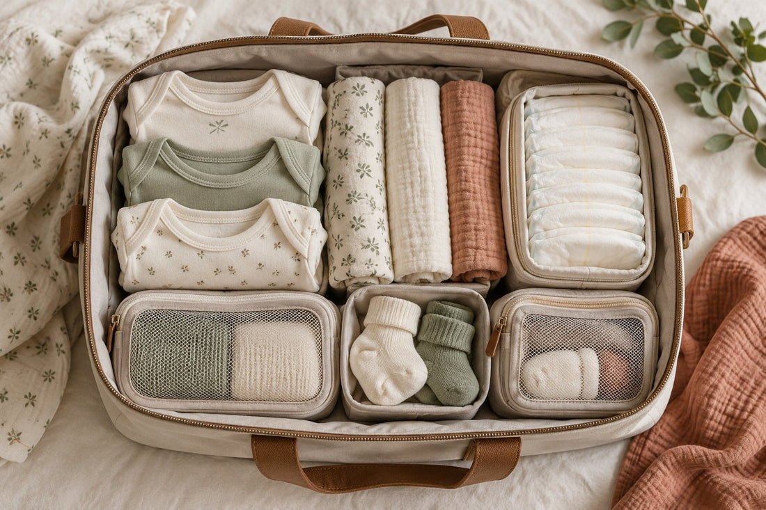 Mała torba z ubrankami noworodka i pieluchami, ułożonymi w osobnych przegródkach. Ilustracja wygenerowana z użyciem AI.