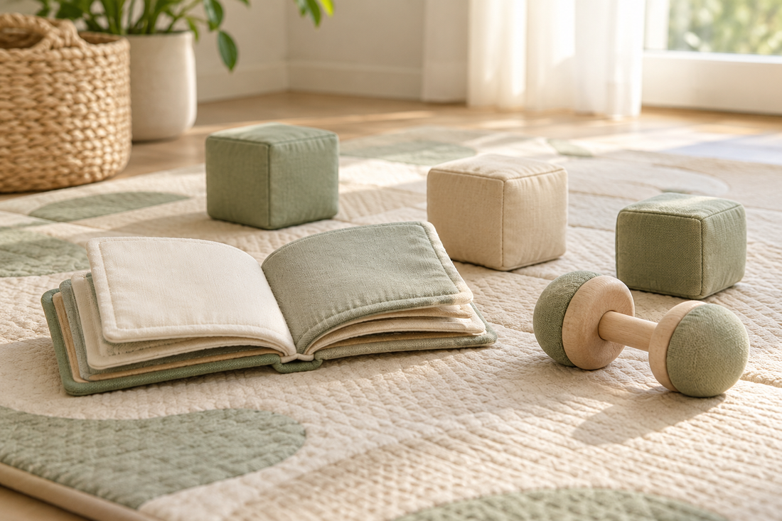A floor play mat, an open book without writing, large soft blocks and a simple rattle in a calm room.