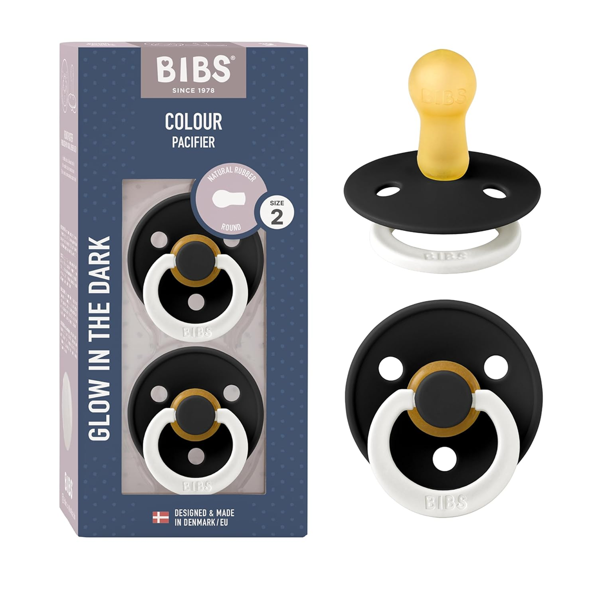 BIBS COLOUR GLOW nyugtató cumik 2db-os csomag, kaucsuk, 6 hónapos kortól, VILÁGÍT
