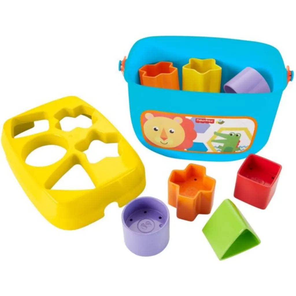 Fisher Price FFC84 — widok pojemnika, pokrywki i klocków z góry