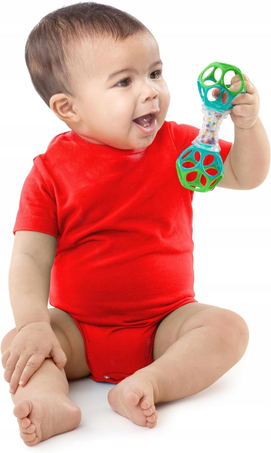 BRIGHT STARTS Oball Shaker rágóka fogantyúval és csörgővel 14,5 cm