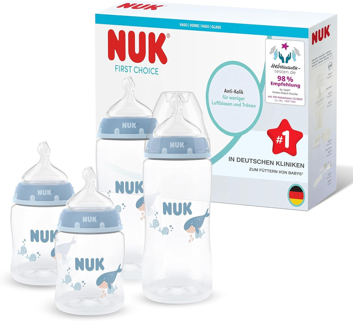 NUK First Choice set of 4 bottles, 150/300 ml, S/M teats, 0–3m+ WHALE
