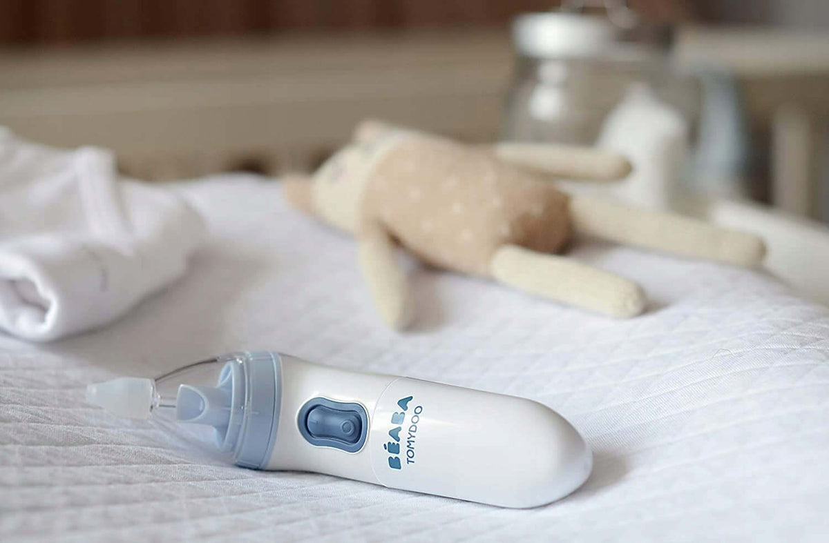 BEABA Tomydoo ELEKTRYCZNY ASPIRATOR do nosa "O biały elektryczny aspirator do nosa dla dziecka, zestaw 3 końcówek