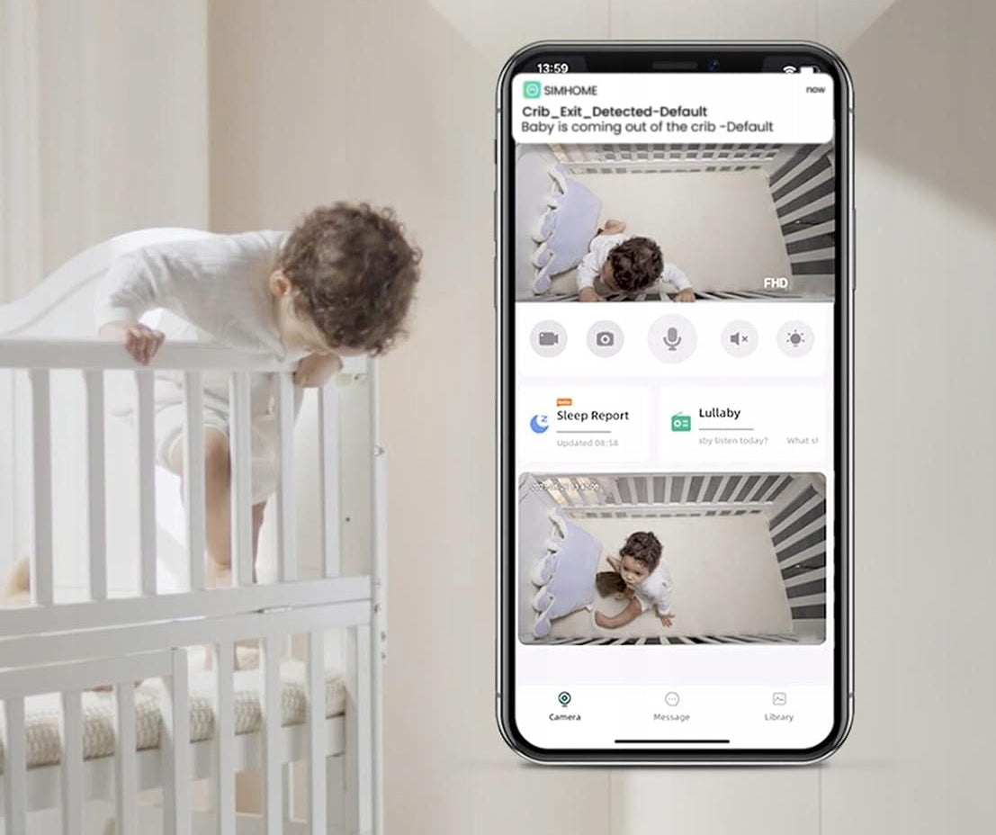 SIMSHINE Baby Pro kamera 2K FHD 360° niania elektroniczna iOS Android + uchwyt