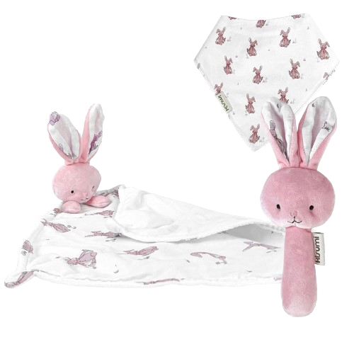 KISUMI comforter, bib, rattle with bunny motif