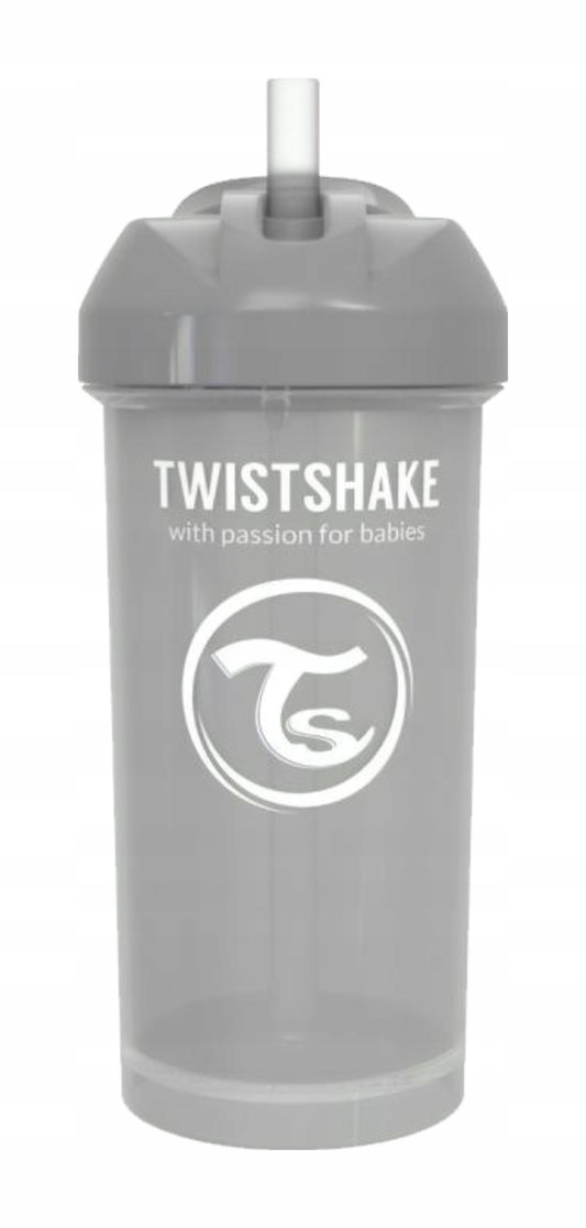 Szary kubek Twistshake Straw Cup z wysuniętą słomką i białym logo, widok z przodu.