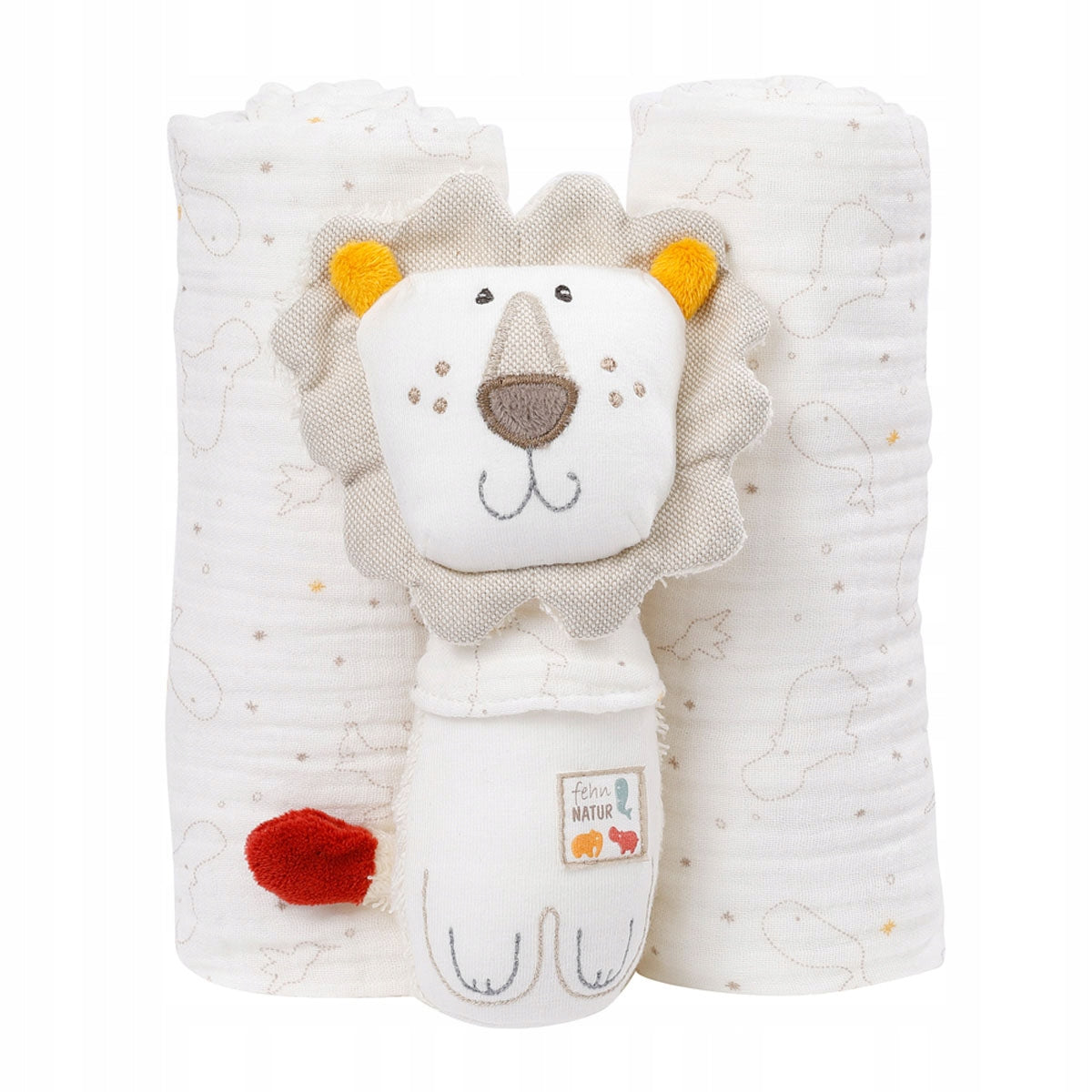 FEHN NATURE COFFRET CADEAU hochet + langes 60x60 x2