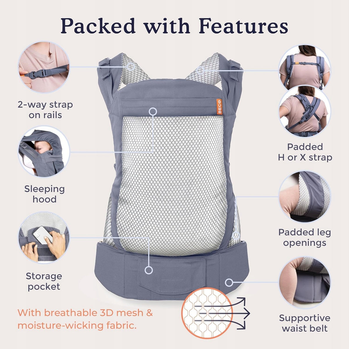 BECO TODDLER csatos hordozó 9-27 kg 3D mesh
