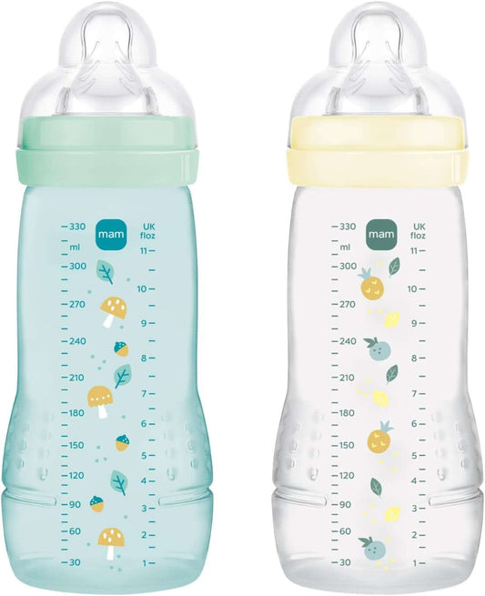 MAM Easy Active zestaw butelek 2x 330 ml 6 m+ smoczek 4 bardzo szybki, dwie butelki MAM w kolorach beżowym i turkusowym