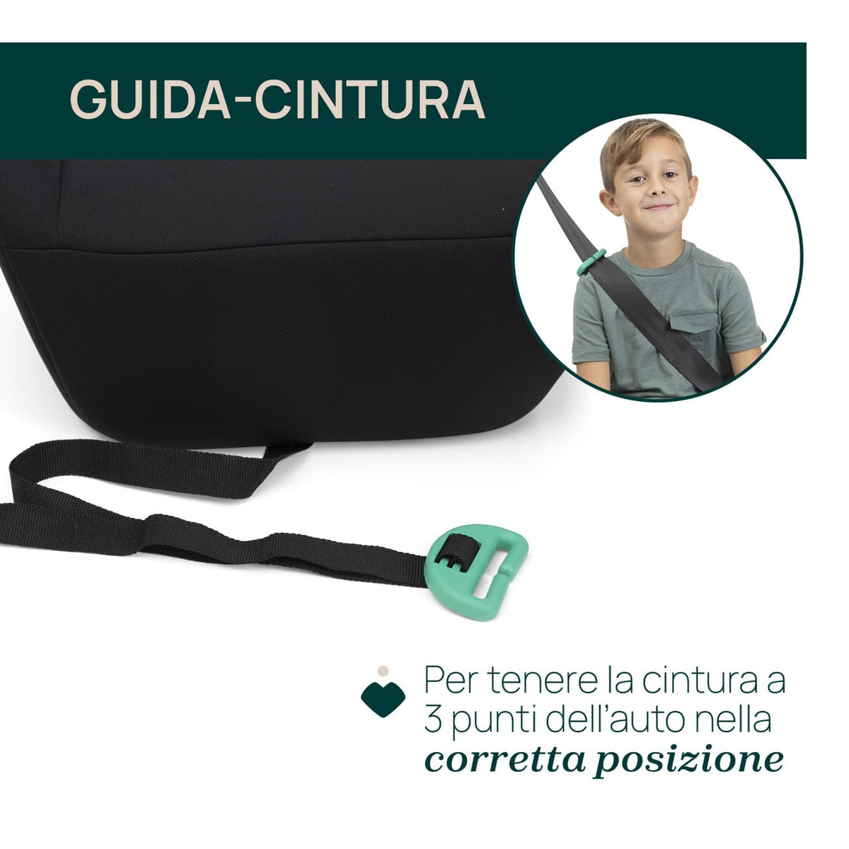 Chicco Quasar i Size — zbliżenie prowadnicy pasa na grafice produktu