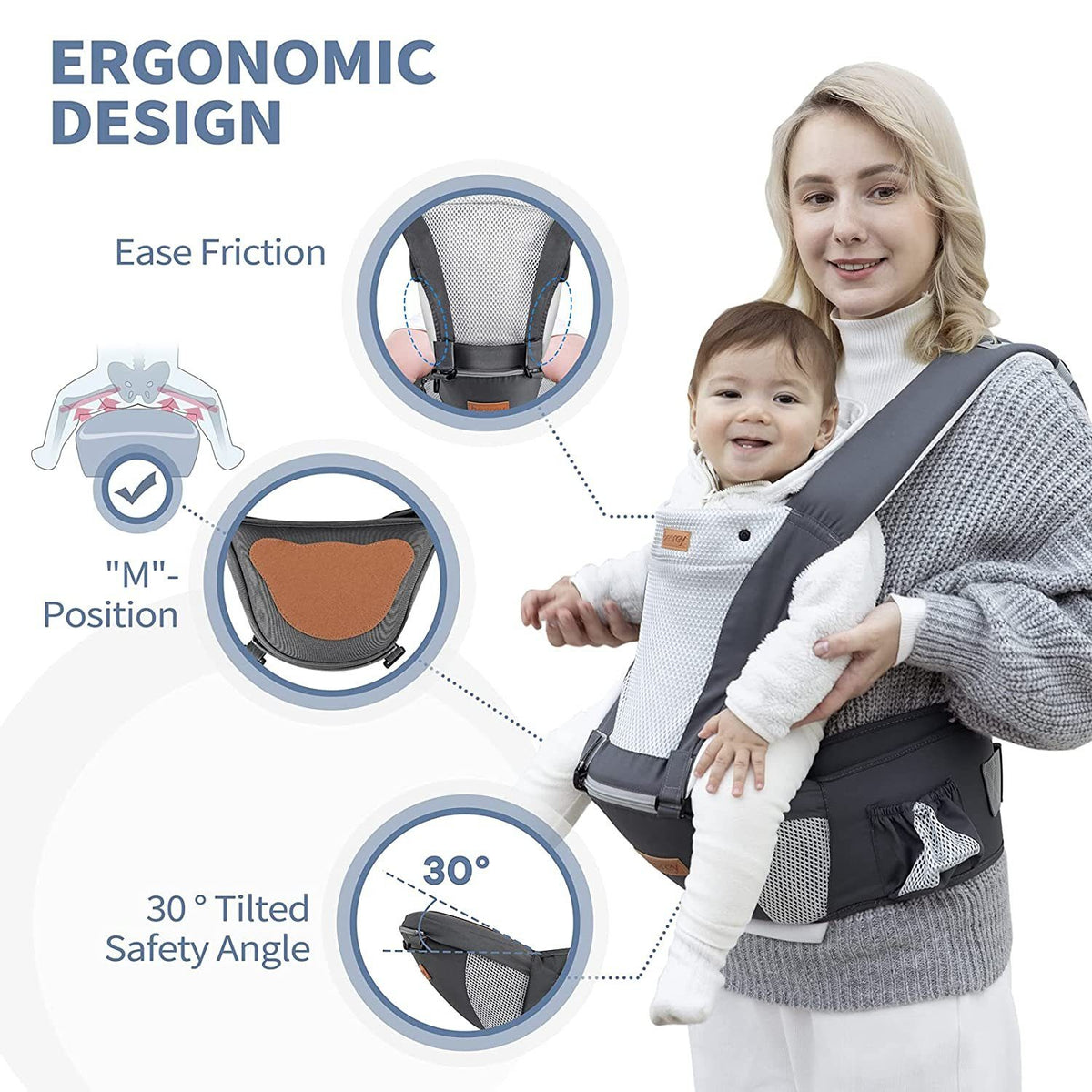 BESREY Babytrage mit Hüftsitz, ergonomisch, 6-in-1