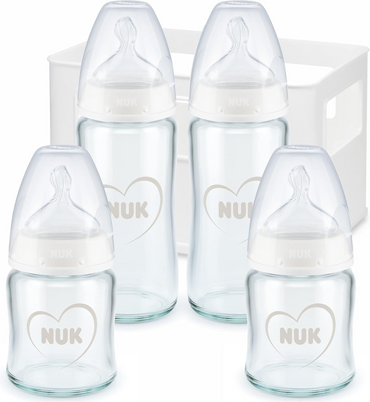 NUK First Choice+ štartovacia súprava 4 SKLENENÉ fľaše + organizačný košík 0-6 m
