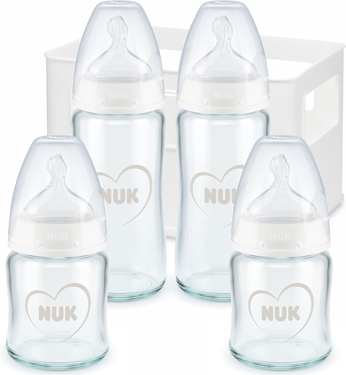 NUK First Choice+ set includes 2 120 ml bottles (S teats), 2 240 ml bottles (M nipples) and a basket
