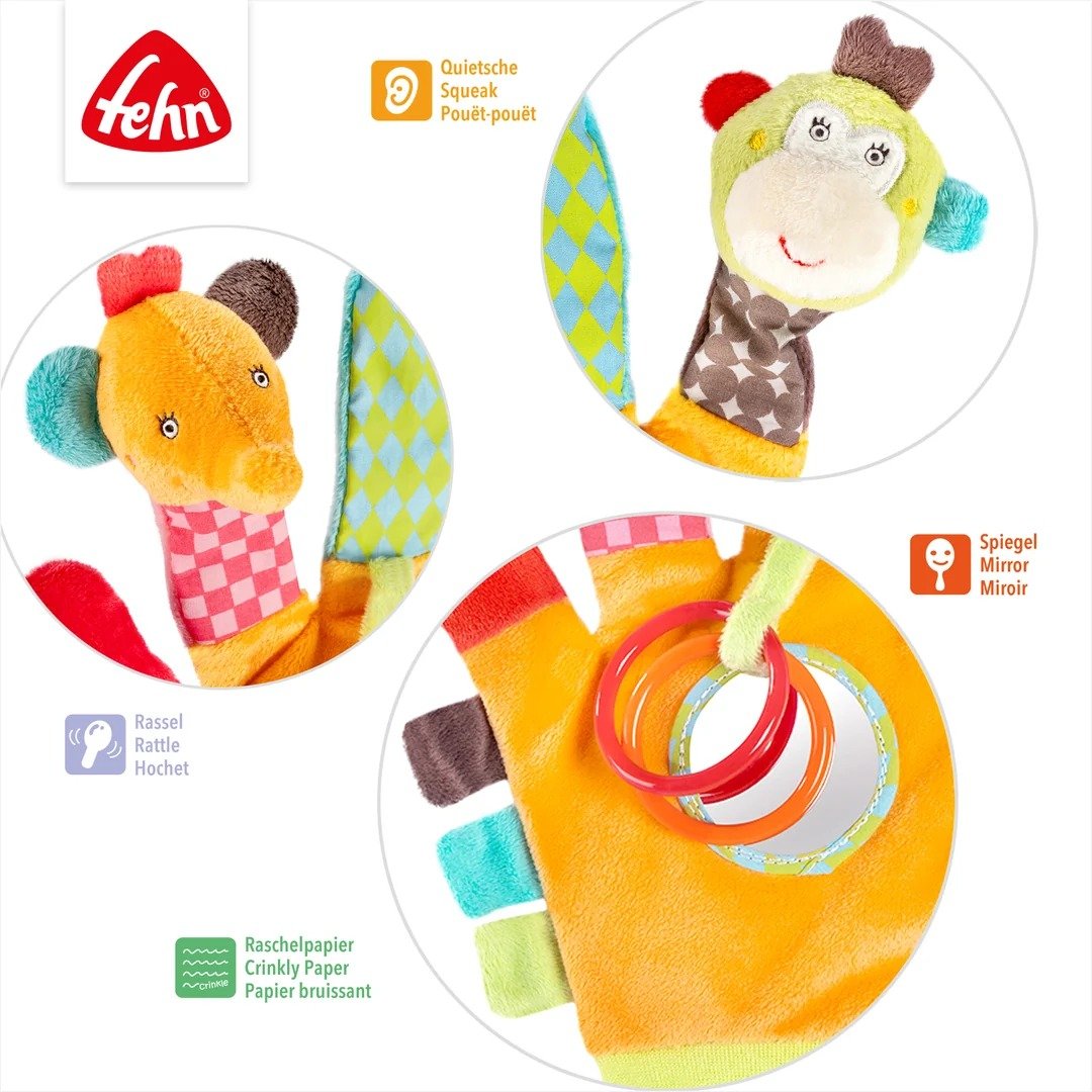 Fehn Safari pacynka sensoryczna z grzechotką – wielokolorowa Najważniejsze cechy: forma dopasowana do dziecięcej zabawy,…