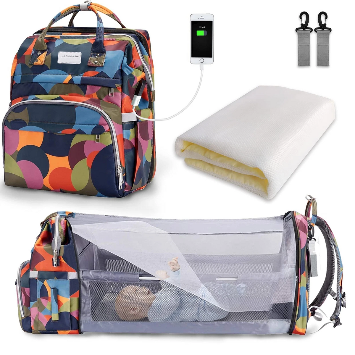 SNDMOR sac à dos pour poussette avec accessoires et lit de voyage