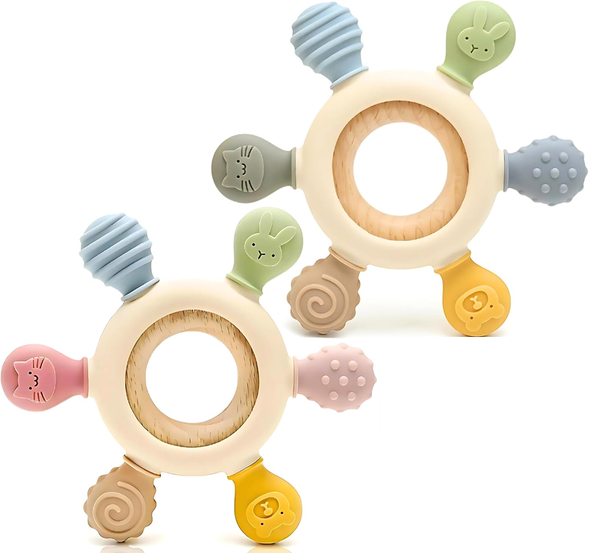 CAJA inel de dentiție din silicon și lemn, masaj, 12 cm, set 2 bucăți