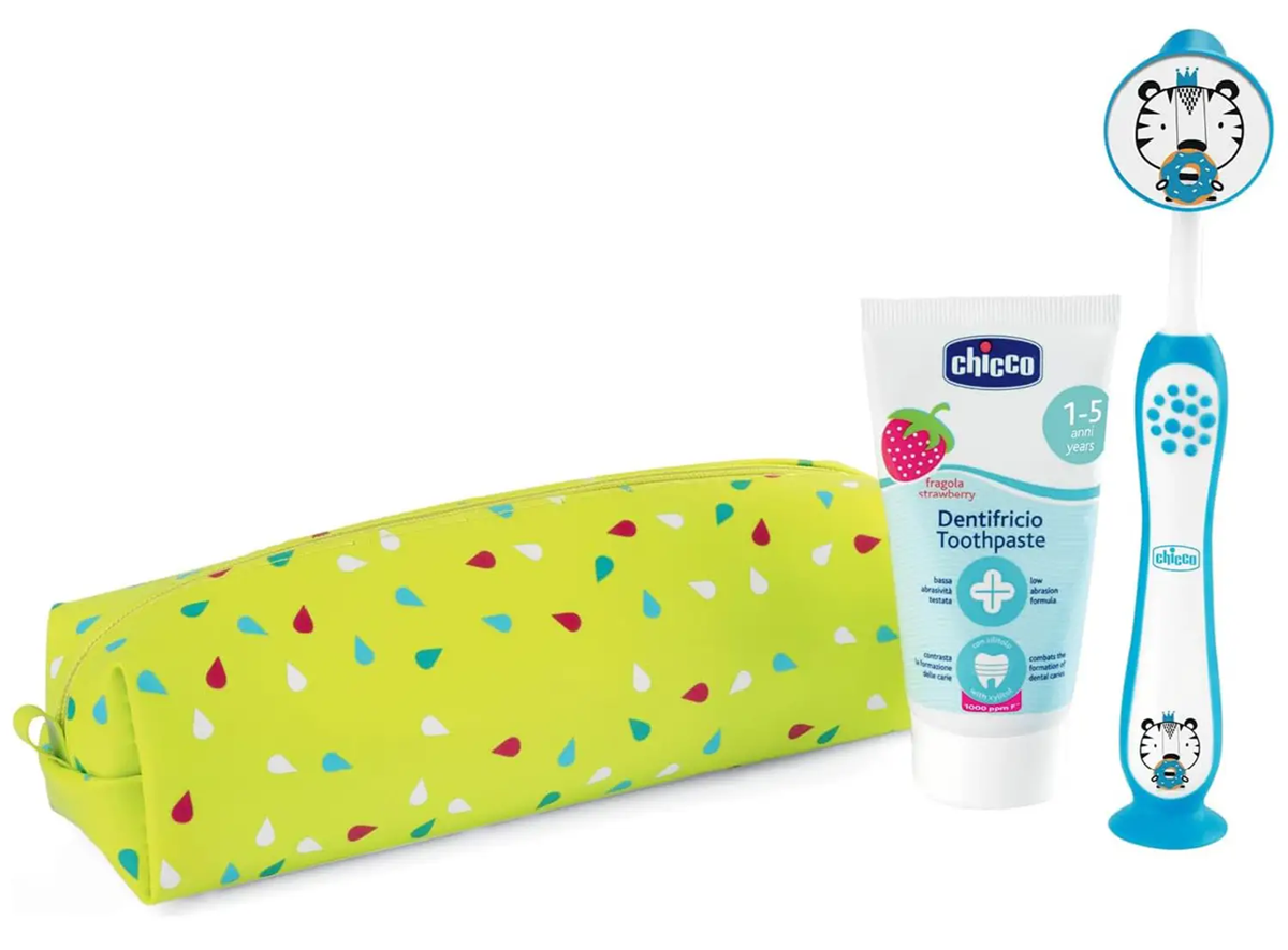 CHICCO set spazzolino da denti con ventosa e dentifricio alla fragola + custodia
