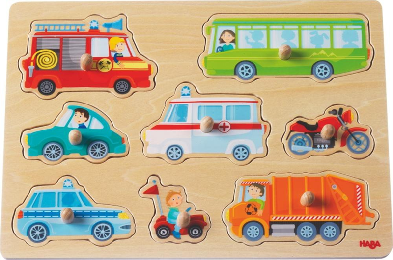 Puzzle din lemn HABA cu 8 piese, 21 x 30 cm, VEHICULE