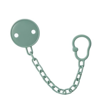 Zielona zawieszka do smoczka THERMOBABY z okrągłym klipsem, łańcuszkiem i uchwytem na smoczek.