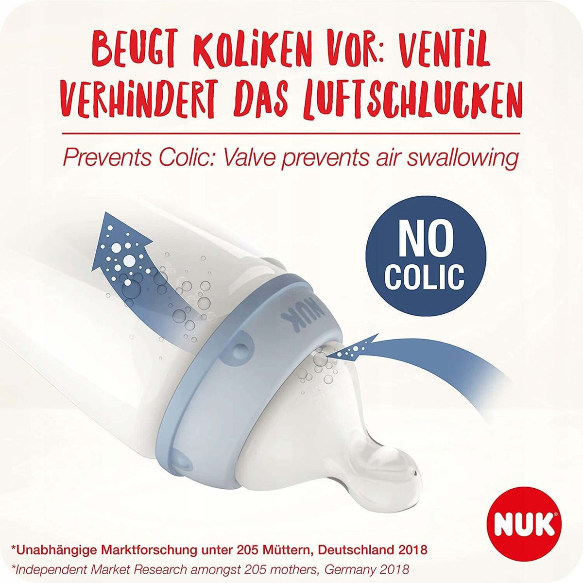 NUK No Colic zestaw butelek 3x 300 ml 0-6, system antykolkowy zapobiega połykaniu powietrza