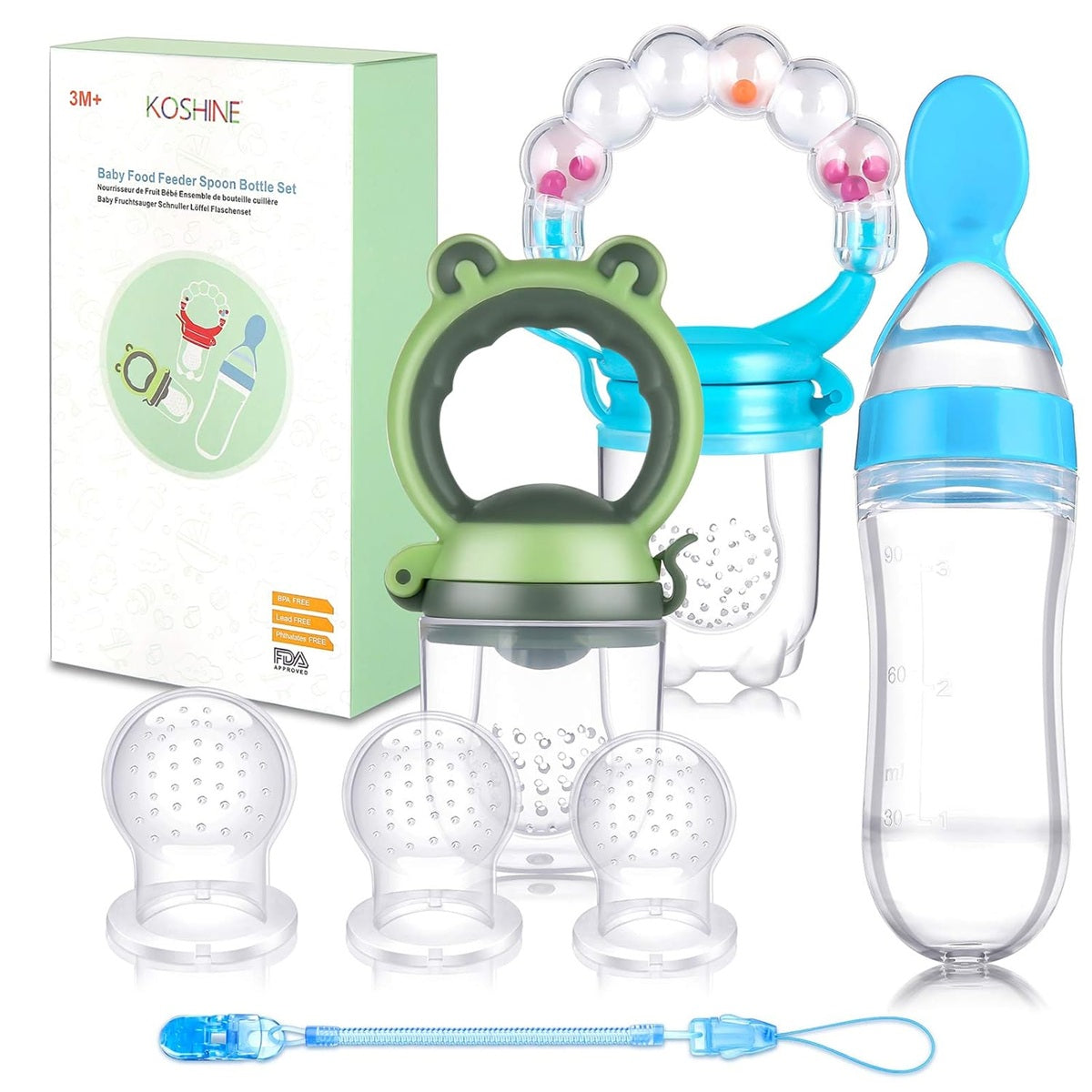 KOSHINE succhietto per frutta 2 pezzi 5 beccucci + cucchiaino 125 ml e catena