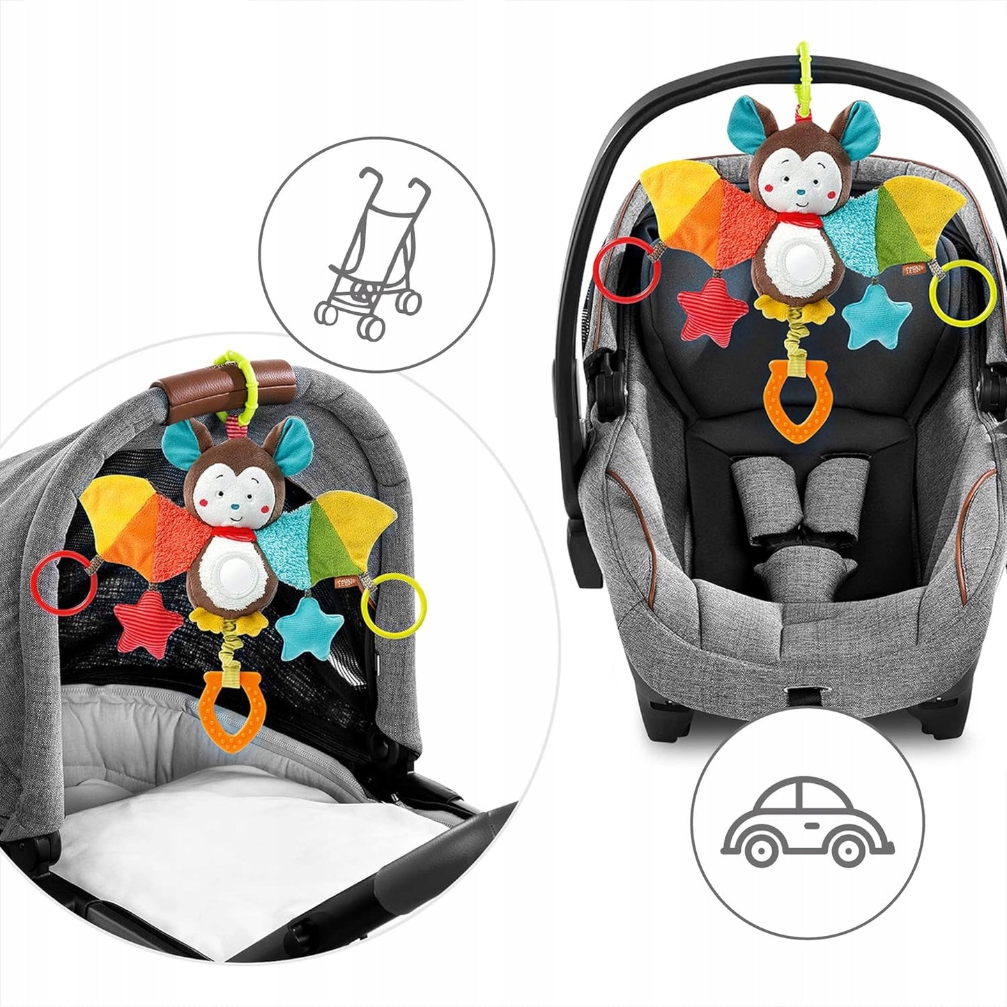 FEHN stroller and car seat hanging toy with rattle and clip, BAT 29 cm
