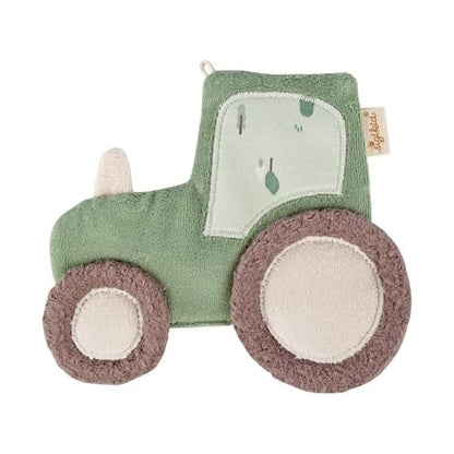 Sigikid sigibaby – zielony tekstylny traktor z brązowymi kołami, widok z przodu