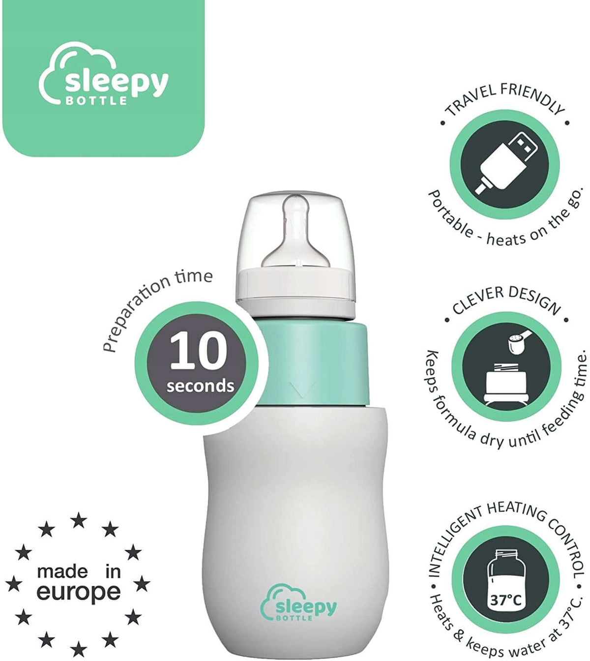 SLEEPY BOTTLE zestaw startowy podgrzewacz z butelk. miętowo-biały, przenośny, 10 sekund, do mleka dla niemowląt