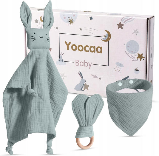 YOOCAA σετ σαλιάρα + ξύλινο οδοντοφυΐας + μουσελίνα παρηγοριά 30 x 43 cm