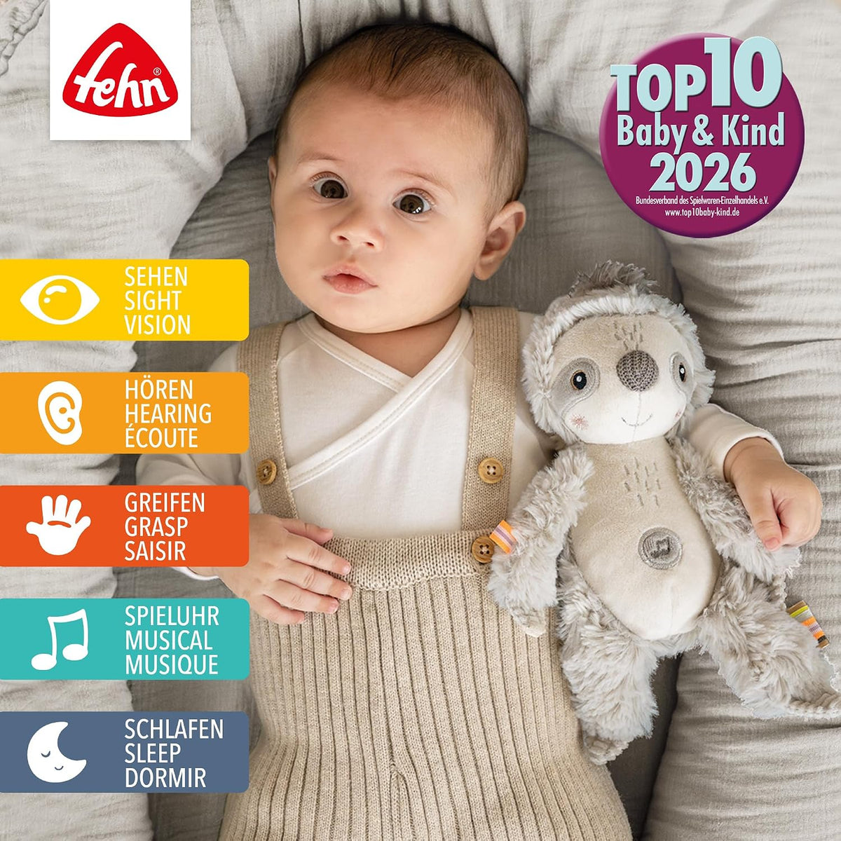 FEHN Sloth comforter with Cry Sensor 19cm