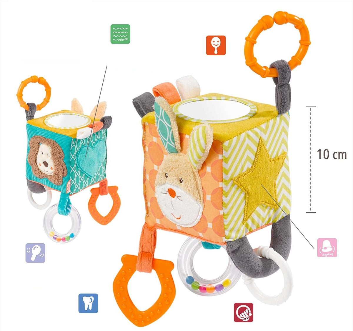 FEHN Activity Cube plüss függődísz, kocka csörgővel, 10 x 10 cm