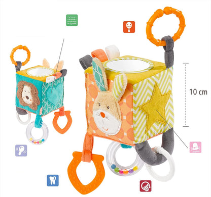 FEHN Activity Cube plüss függődísz, kocka csörgővel, 10 x 10 cm