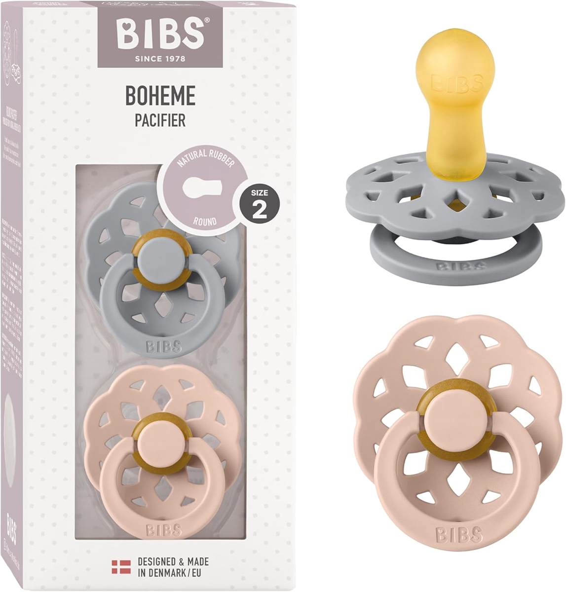 BIBS BOHEME 2 smoczki KAUCZUKOWE, okrągłe