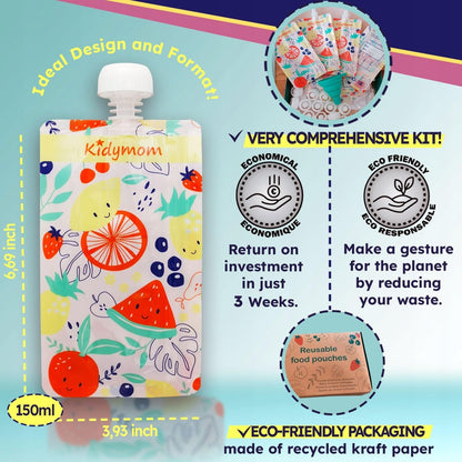 KIDYMOM pungi reutilizabile pentru piure x10 + accesorii
