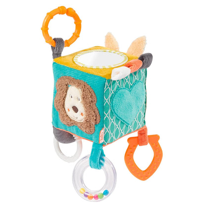 FEHN Activity Cube plüss függődísz, kocka csörgővel, 10 x 10 cm