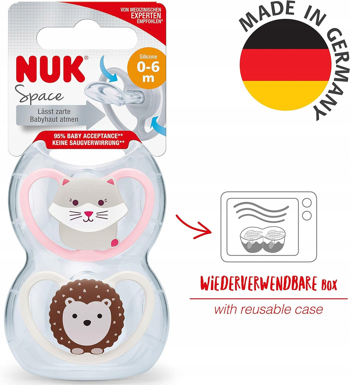 NUK Space πιπίλα σιλικόνης x4 0-6 μηνών +θήκη