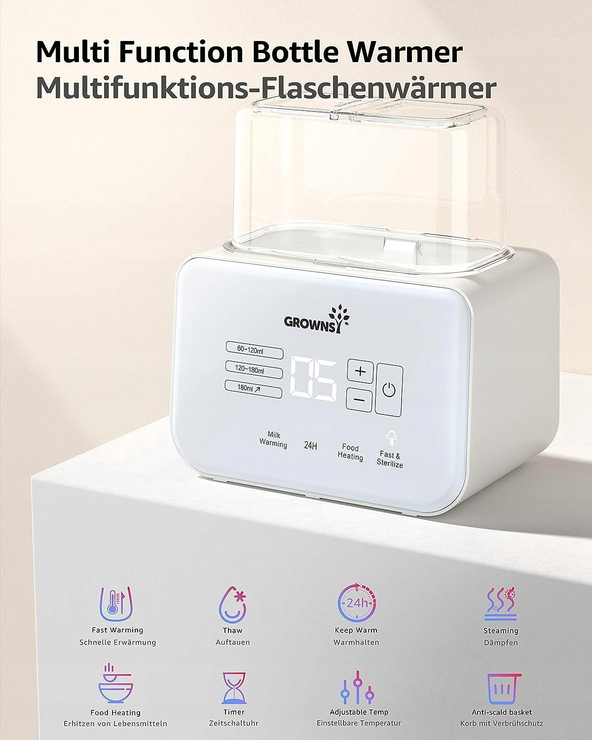 GROWNSYdouble electric steriliser and heaterwhitemains supplyBPA-freeused condition, visually almost perfect