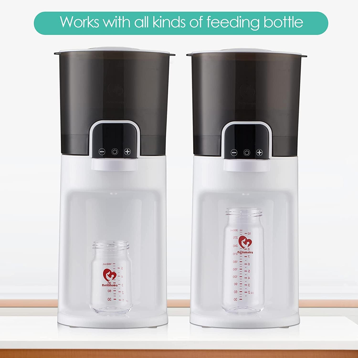 Grafika z dwoma dyspenserami Bellababy Instant Warmer i r�nymi butelkami pod wylewkami.