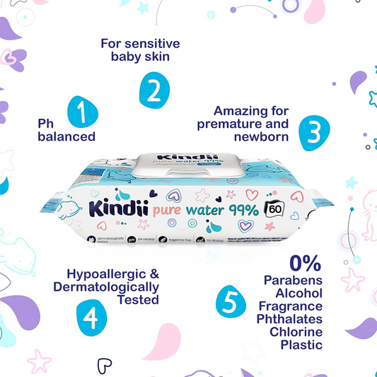 KINDII Pure Water 99 vízzel nedvesített törlőkendő x60