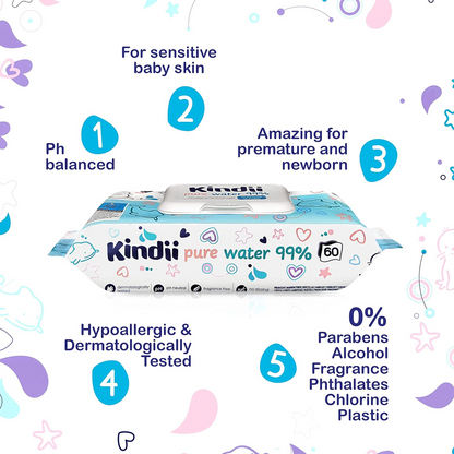 KINDII Pure Water 99 vízzel átitatott nedves törlőkendő 60 db
