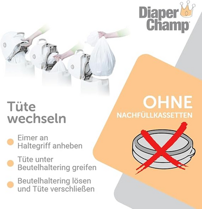 DIAPER CHAMP cestino per pannolini PER SACCHI DELLA SPAZZATURA +/-50 pannolini